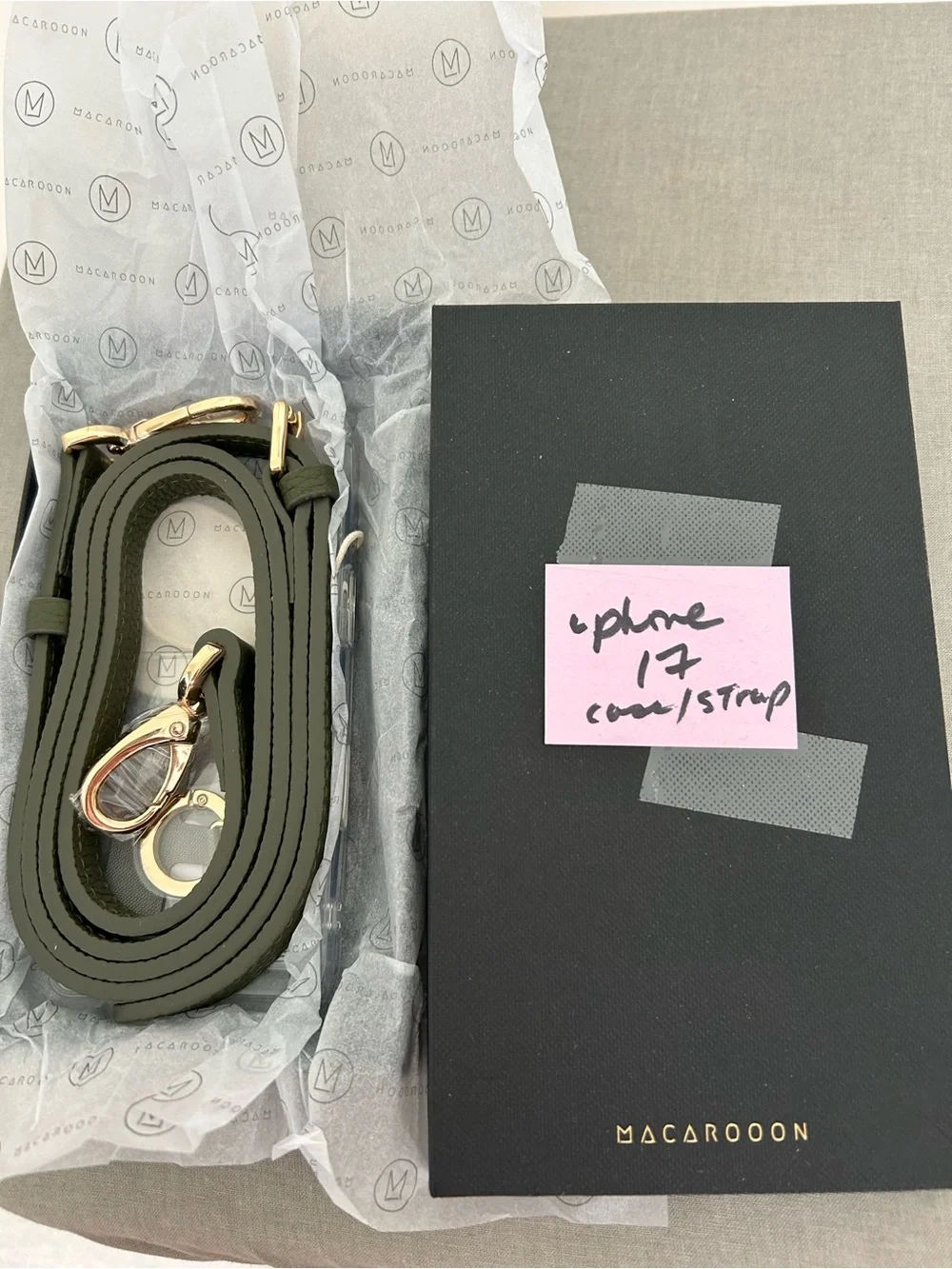 MACAROON Olive Green Crossbody iPhone 17 Case and Strap with Gold Hardware